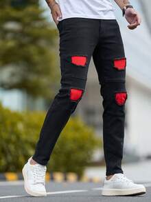 Fashionable Men Casual Distressed Red Patch Denim Jeans - Black - View 3
