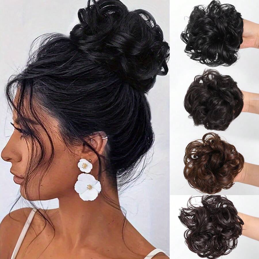 1 pieza Moño Chignon de pelo sintético desordenado Complementos para el cabello rizado natural Piezas de cabello postizo Extensiones para cola de caballo para mujeres Peluca sintética color negro marrón - Multicolor - Ver 1