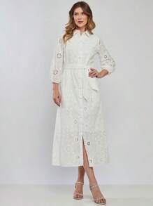 Longuete Dress With Laise Sleeves And Cordonê Embroidery - trắng - Xem 1