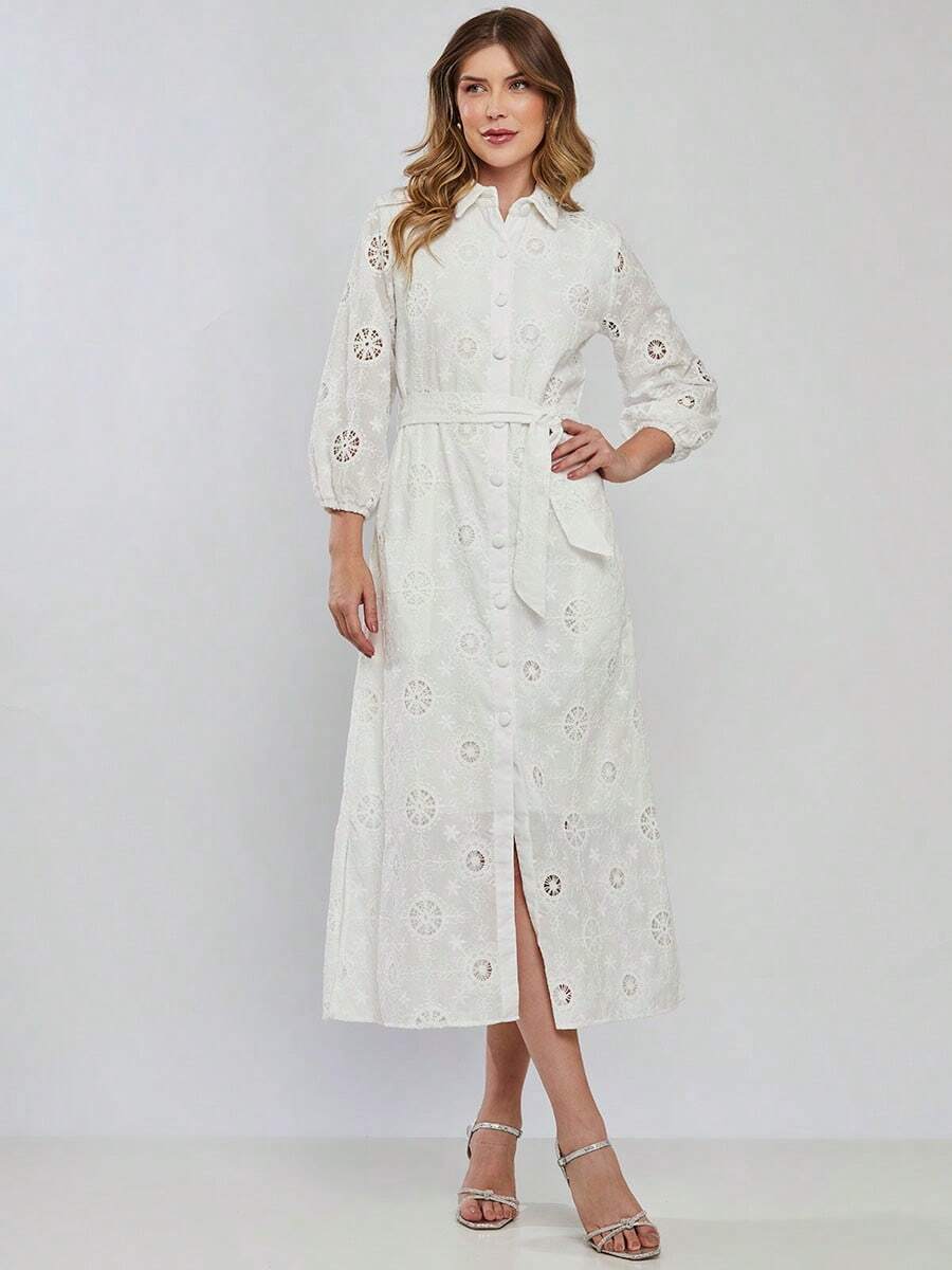 Longuete Dress With Laise Sleeves And Cordonê Embroidery - trắng - Xem 1