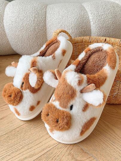 女士新款牛皮斑点毛绒拖鞋室内家居保暖拖鞋舒适毛绒拖鞋