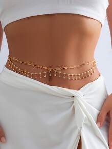 1pc Minimalist Rhinestone Chain Waist Chain Multi-Layer Body Chain With Tassels, Women Bikini Body Jewelry - Gold - View 1