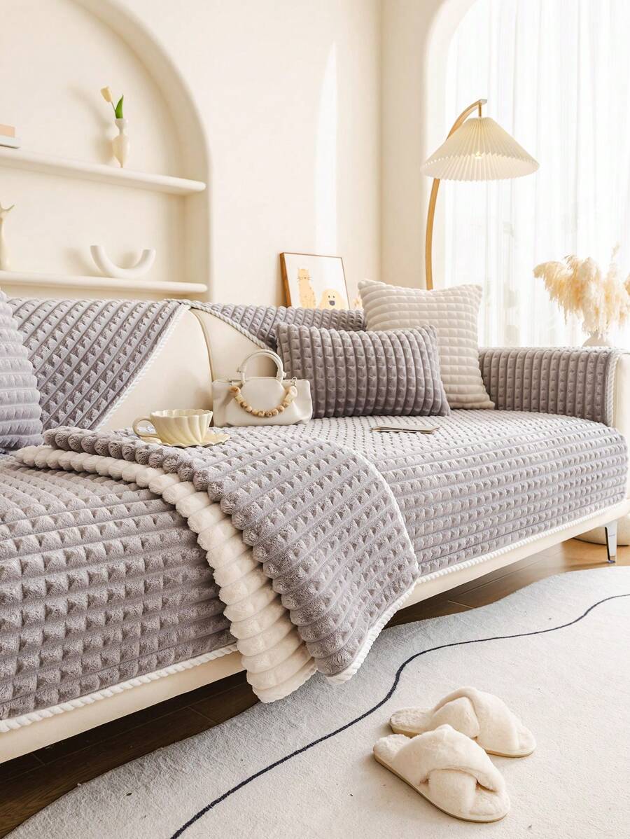 1 tấm bọc ghế sofa vải nhung kẻ caro hiện đại, bảo vệ ghế sofa thân thiện với vật nuôi, thích hợp cho phòng khách, phòng ngủ, văn phòng, mọi mùa - Màu Xám nhạt - Xem 1