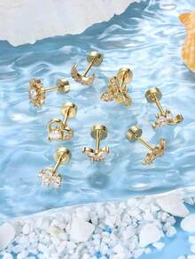 CASSIECA 1PC 18G Bông tai sụn thép không gỉ cho nam nữ Bông tai phẳng có ren bên trong Bông tai CZ có hình mặt trăng hình trái tim hình con ong hình bướm Tragus Helix Trang sức xỏ khuyên - Vàng - Xem 6