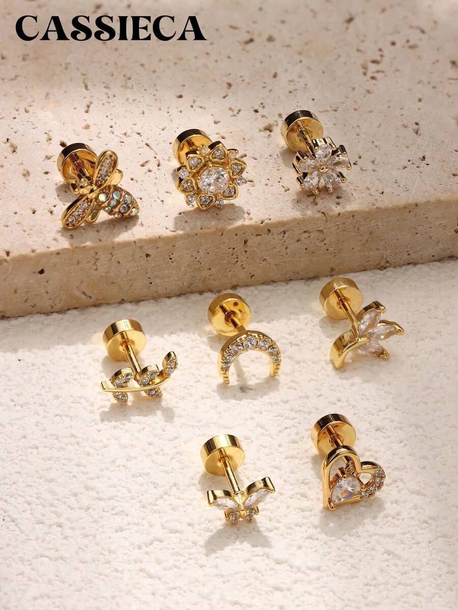 CASSIECA 1PC 18G Bông tai sụn thép không gỉ cho nam nữ Bông tai phẳng có ren bên trong Bông tai CZ có hình mặt trăng hình trái tim hình con ong hình bướm Tragus Helix Trang sức xỏ khuyên - Vàng - Xem 1