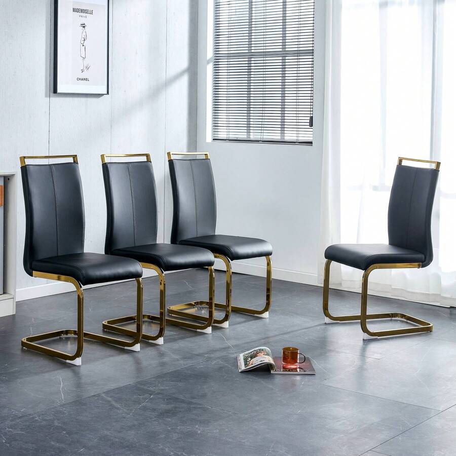 Modern Dining Chairs Of 4 PU Faux Leather High Back Upholstered Side Chair With Golden C-Shaped Tube Metal Legs For Dining Room Kitchen Vanity Patio Club Guest Office Chair (Set Of 4), Christmas Decor, Christmas Decorations, Christmas Gifts, Christmas Home, Christmas Decor Home, Kitchen, Kitchen Accessories - 黑色 - 查看 1