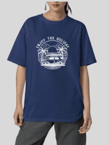 Oversized Streetwear T-Shirt Enjoy The Holiday Print 100% Cotton - Màu xanh hải quân - Xem 2