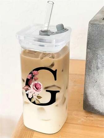 1pc, 13.53oz A-Z Floral Letter Printed Square Glass Cup, Simple Heat-Resistant Flat Bottom Mug, Suitable For Office And Home Use, Square Milk Coffee Cup, Bridesmaid Gift, Birthday Gift