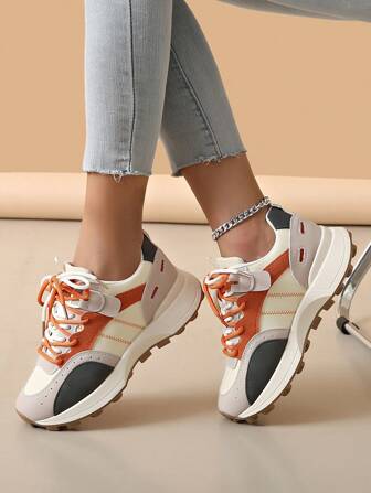 Zapatillas informales con cordones y suela gruesa para mujeres, 2024, con bloques de color, tacón plano, calzado de estilo atlético
