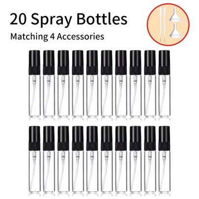 FIGHTYU 10/20 piezas Botellas de vidrio de miniatura de 10ml/5ml con tapa negra para perfume con atomizador, incluye 4 accesorios: 2 embudos y 2 cuentagotas, adecuado para rellenar fragancias, portátil y apto para avión