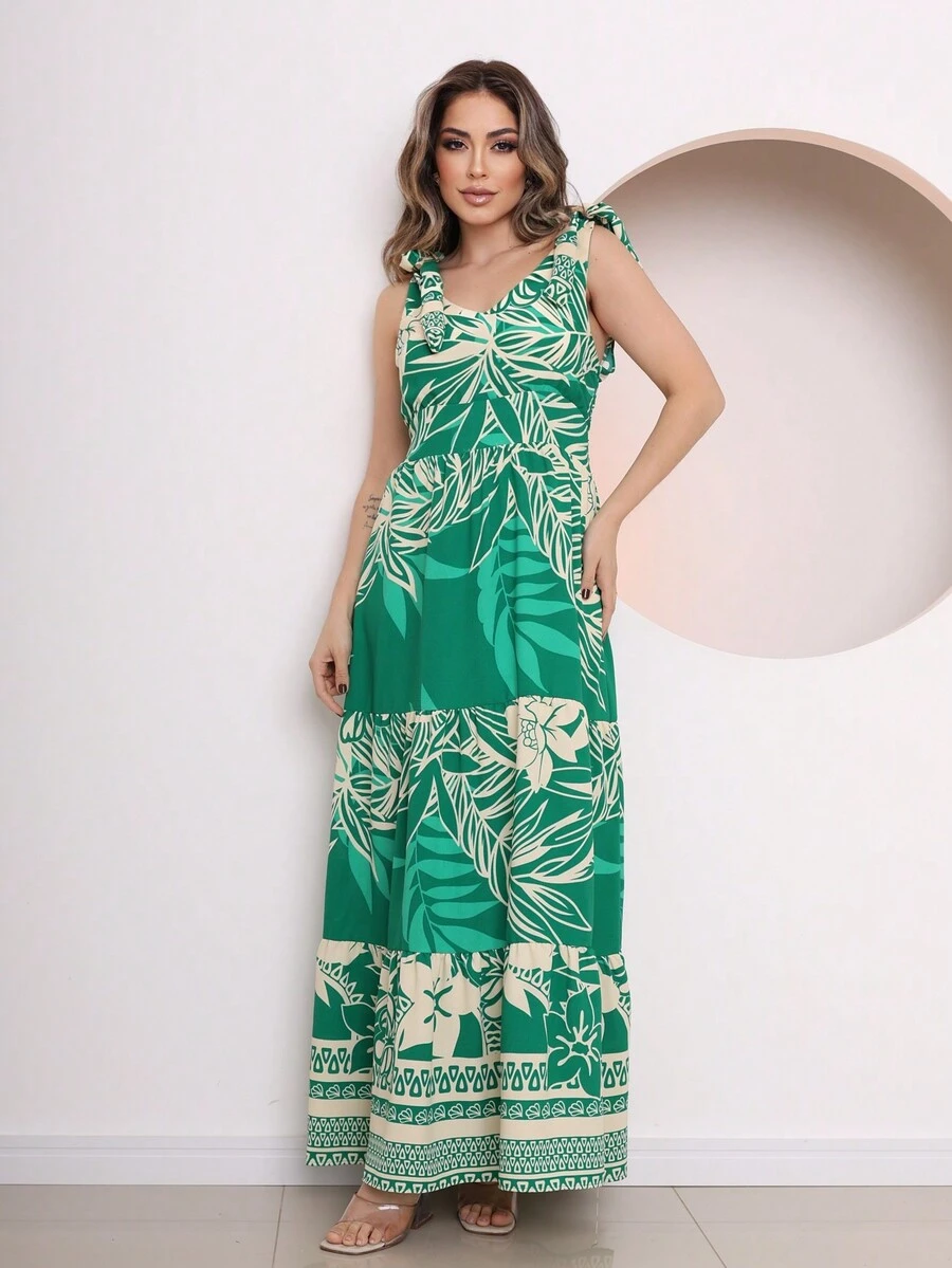DUNA Printed Lined Dress With Tie On Straps Women's Fashion - 綠色 - 查看 1