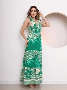 DUNA Printed Lined Dress With Tie On Straps Women's Fashion - 綠色 - 查看 3