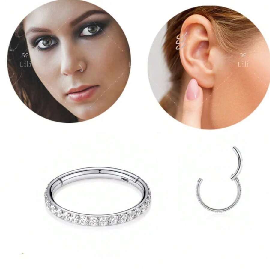 1 Piercing Hoop Clik Surgical Steel Zirconia Studded /Nose /Conch/Rook/Septril - Silver - View 1
