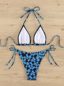 Fashionable Floral Printed Sexy Halter Tie Side Bikini Set, Hot Beach Swimwear, For Summer Vacation