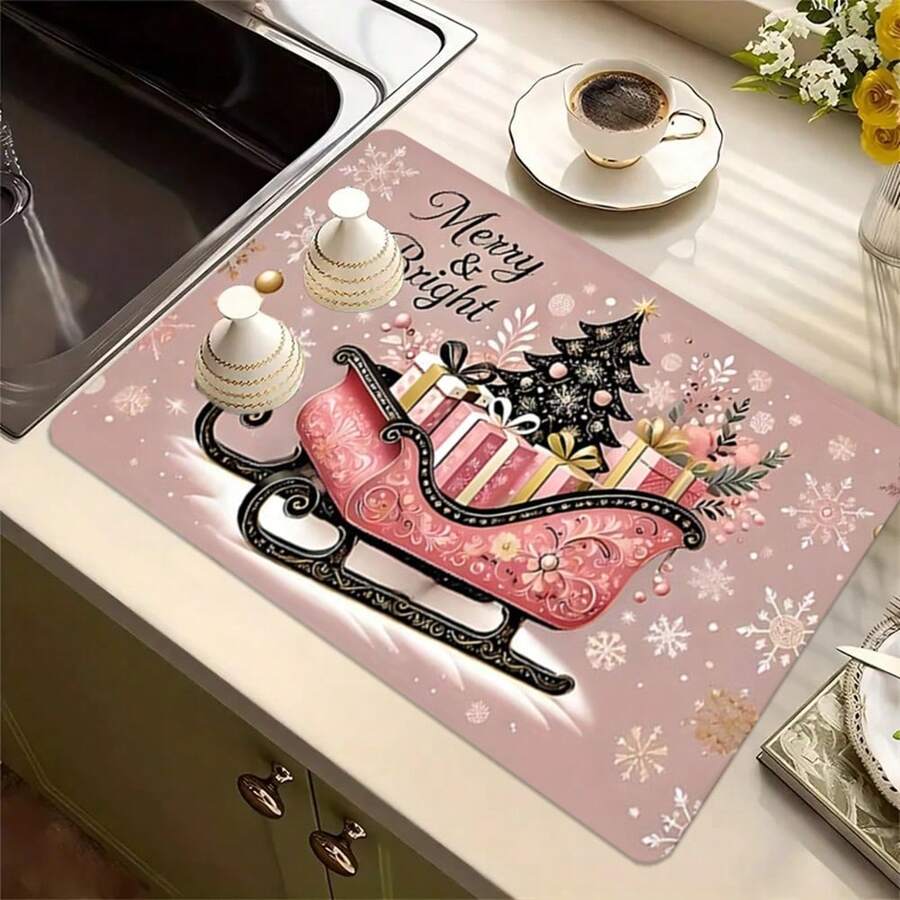 1 Stück Küchen Theke mit Motiv des Weihnachtsschlittens in Rosa Weihnachtsthema, mit saugfähiger Abwasch-Matte und Feinfaser-Abwasch-Matte - Verschiedenfarbig - Übersicht 1