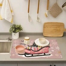 1 Stück Küchen Theke mit Motiv des Weihnachtsschlittens in Rosa Weihnachtsthema, mit saugfähiger Abwasch-Matte und Feinfaser-Abwasch-Matte - Verschiedenfarbig - Übersicht 3