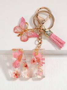 1pc New Dried Flower Crystal Epoxy Flower Letter Keychain, Fashion Bag Charm Tassel Butterfly Keyring Halloween Gift Souvenir Car Accessories School Cute Goth Y2k - Pink - View 25