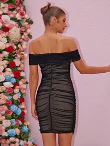 Joyfunear Maternity Off-Shoulder Ruched Bodycon Dress, Sexy Appealing Design, Elegant, For Party - Black - View 6