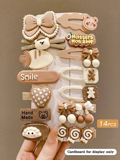 14pcs Women's Cute Milk Coffee Color Cartoon Design Hair Clips For Fringes, School Stuff