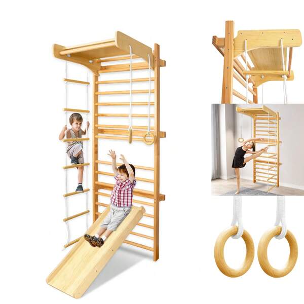 Froadp Froadp 6 in 1 Sprossenwand, Gymnastikgeräte-Set, Kletterwand in Holzoptik, Kletterstruktur 215 cm, Gymnastikwand inklusive Sprossenwand, Spike-Dreiecke, Turnringe, Leitern, Rutschen/Kletterbretter, max. bis zu 100 kg