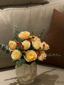 Mustard Yellow Ceramic Asymmetrical Textured Flower Vase For Home Decor, Large Opening Vase For Living Room/Dining Table Decoration - Cream Yellow - View 4