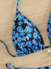 Fashionable Floral Printed Sexy Halter Tie Side Bikini Set, Hot Beach Swimwear, For Summer Vacation