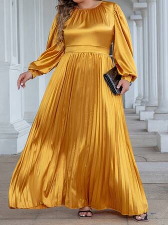 Frauen Große Größen elegantes plissiertes Ballonkleid mit Langarm