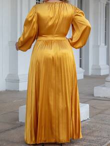 大码女式优雅褶皱长袖灯笼连衣裙