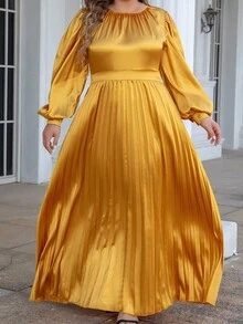 大码女式优雅褶皱长袖灯笼连衣裙