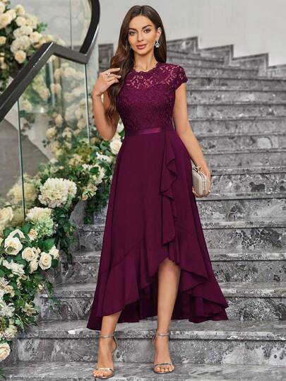 MIUSOL Contrast Floral Lace Chiffon Ruffle Hem Formal Party Dress Elegant Bridesmaid Dress