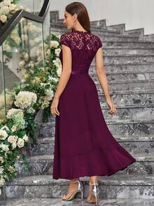 MIUSOL Contrast Floral Lace Chiffon Ruffle Hem Formal Party Dress Elegant Bridesmaid Dress - Maroon - View 3
