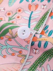 2pcs Women Floral & Bird Print Pajama Set, Short Sleeve Shirt With Lapel Button And Loose Elastic Waist Shorts, Festive Party Sleepwear, Contrast Trim Stylish, Comfortable Casual Homewear,Two Pieces Set