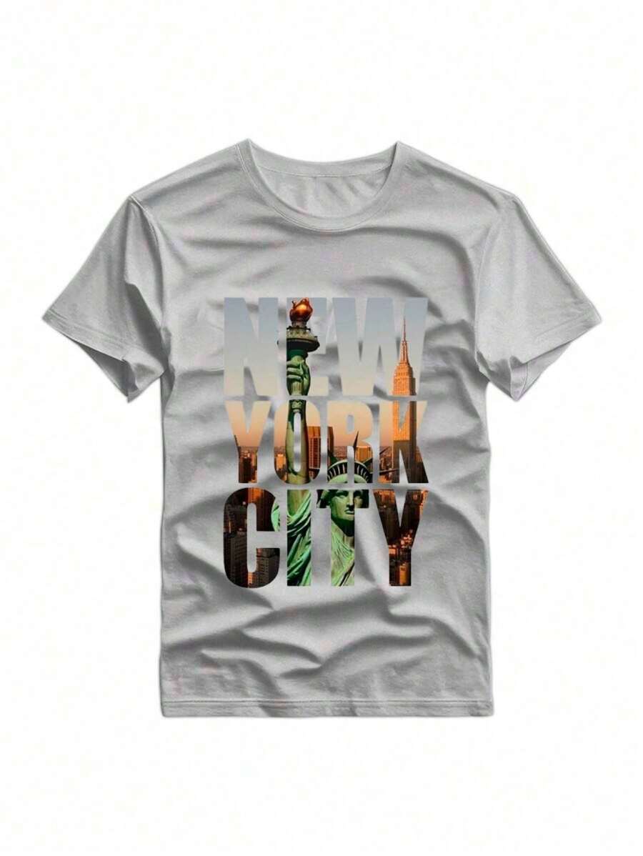 New York Print Men's T-Shirt - Casual & Comfortable For Summer With Unique Graphic Design, Breathable Polyester, Machine Washable - 灰色 - 查看 1