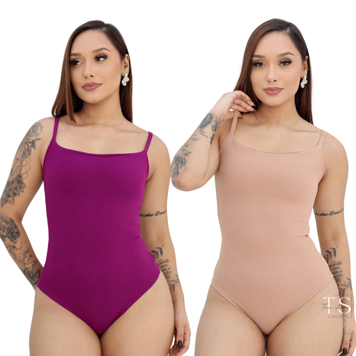 KIT 2 Women's Bodysuit With Thin Straps Premium Ribbed Terrycloth Straps - NUDE aND FUCHSIA - View 1