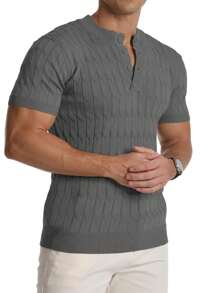 Camisas De Punto Henley De Manga Corta Para Hombre, Ajuste Delgado, Camisetas De Moda De Verano - Gray - View 1