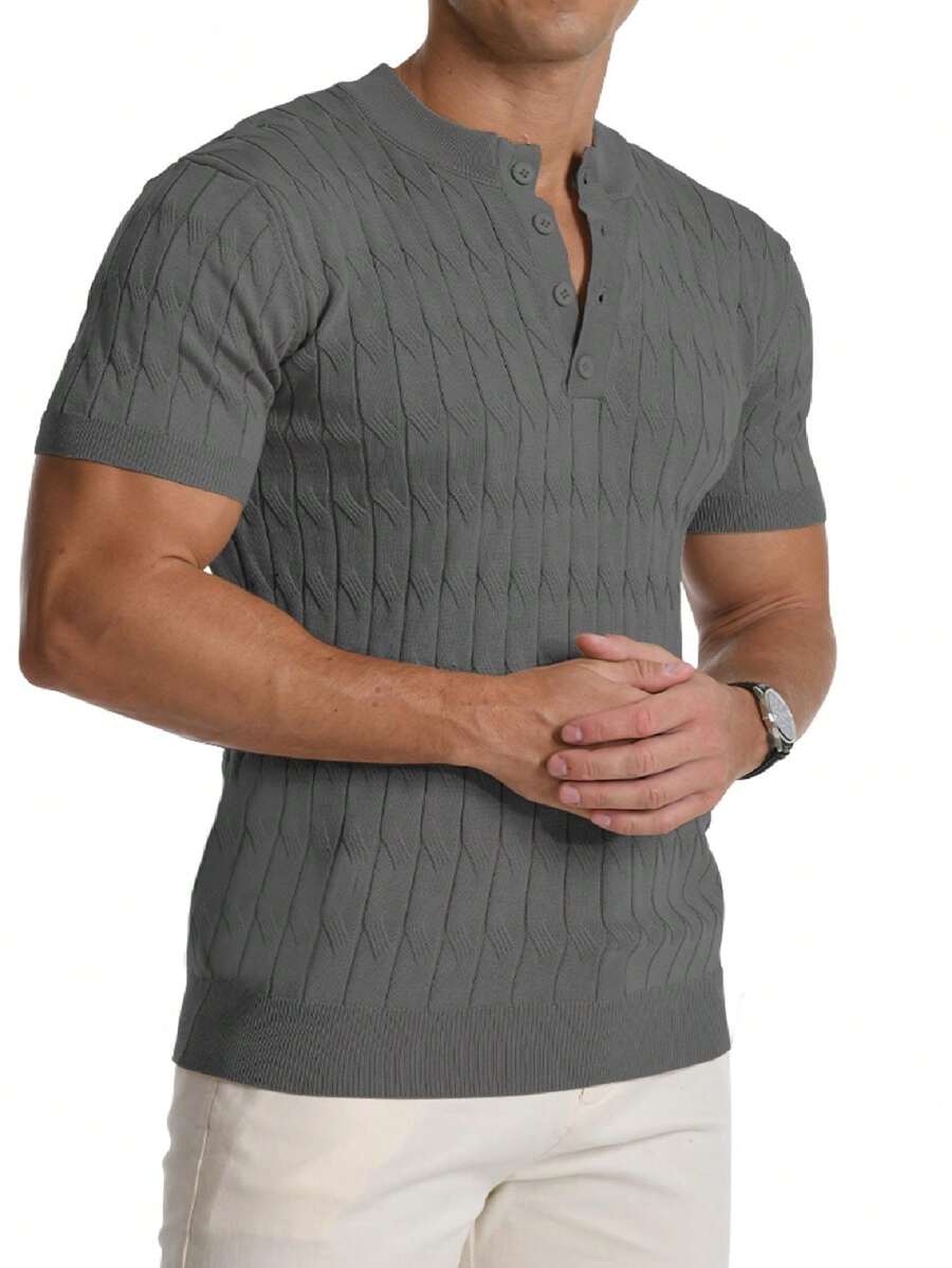 Camisas De Punto Henley De Manga Corta Para Hombre, Ajuste Delgado, Camisetas De Moda De Verano - Gray - View 1