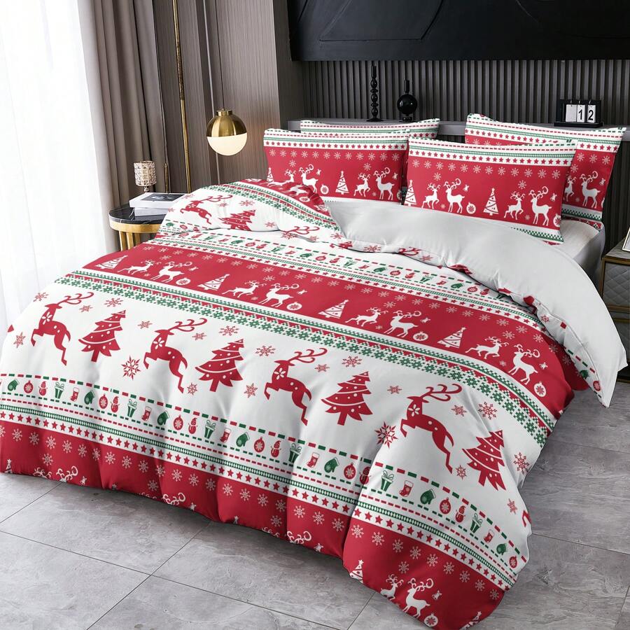 2/3 件数码印花床上用品套装（1 个羽绒被套 + 1/2 个枕套）适合家庭、学生宿舍、成人、男女、单人/双人尺寸、可爱卡通、宇宙飞船、混色、北欧风格、圣诞节、鹿、圣诞老人 - 紅色 - 查看 1
