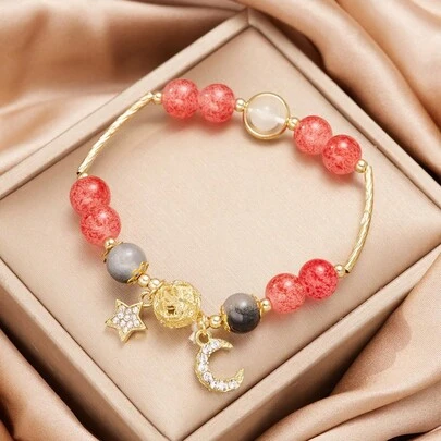 1個精美的櫻花兒童手鐲 水晶花珠製成 可調節手鐲 手工少女派對時尚飾品