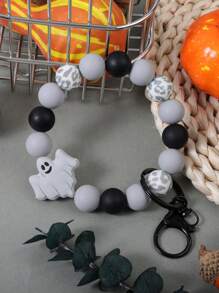 1pc Halloween Ghost Silicone Skull Print Beaded Keychain, ID Card, Lanyard, Bag Charm, Wristlet Key Ring, Halloween Christmas Gift Ideas Bag Lanyards With Id Holder Car Accessories Bag Charms
