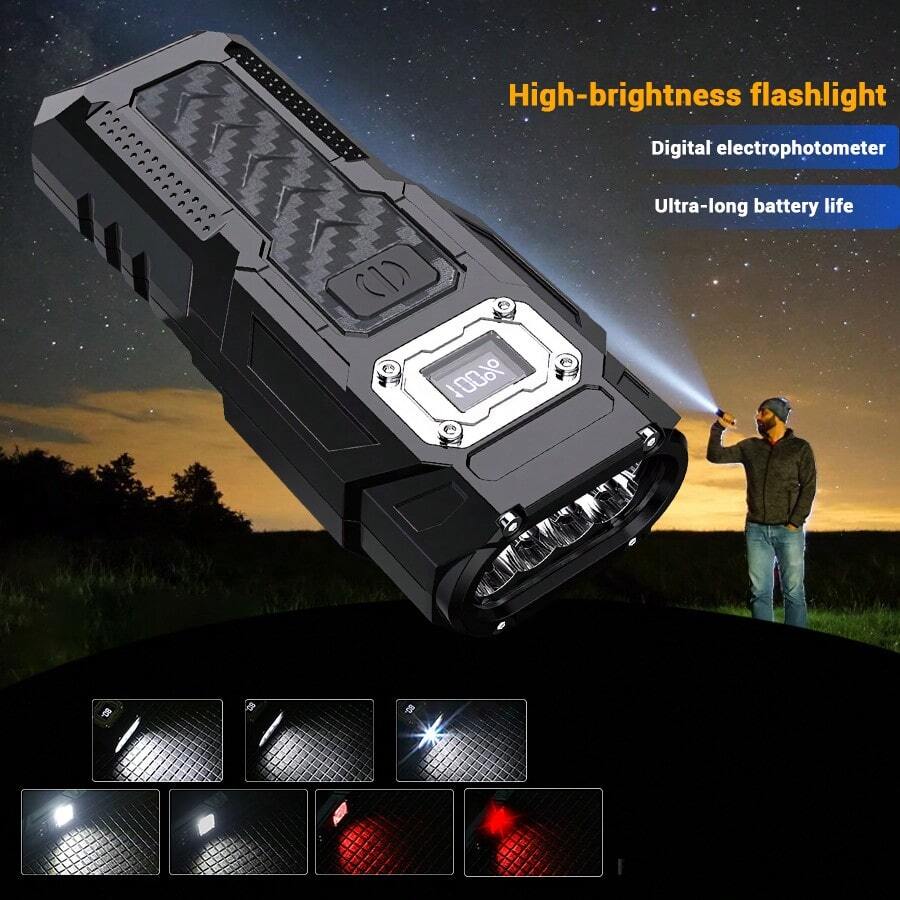 1pc Portable LED Flashlight Red And White Dual Light Multifunctional Flashlight Rechargeable Power Bank Suitable For Outdoor Lighting Camping Tactical Flashlight - Black - View 1