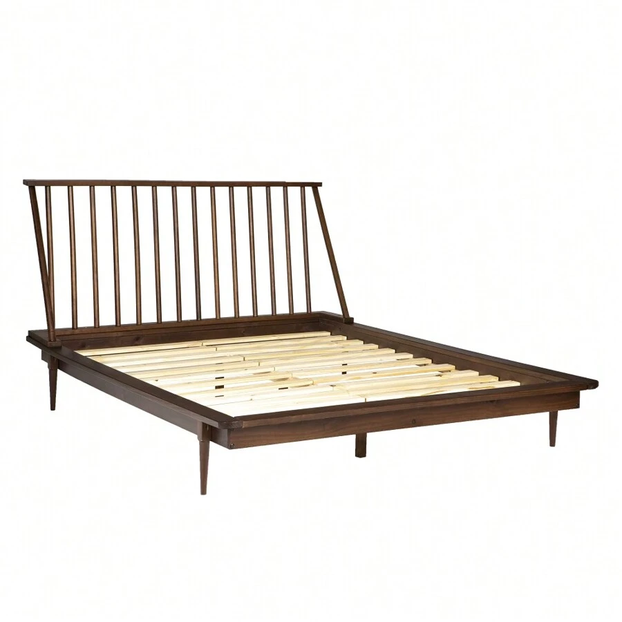 Modern Solid Wood Queen Platform Bed Frame With Spindle Headboard For Bedroom In Walnut - Walnut - View 1