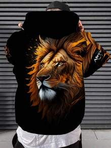 Áo nỉ trùm đầu in hình sư tử 3D dành cho nam, có túi Kangaroo, áo hoodie thời trang rộng rãi thoải mái, trang phục mùa thu cho nam, áo dài tay - Nhiều màu - Xem 5