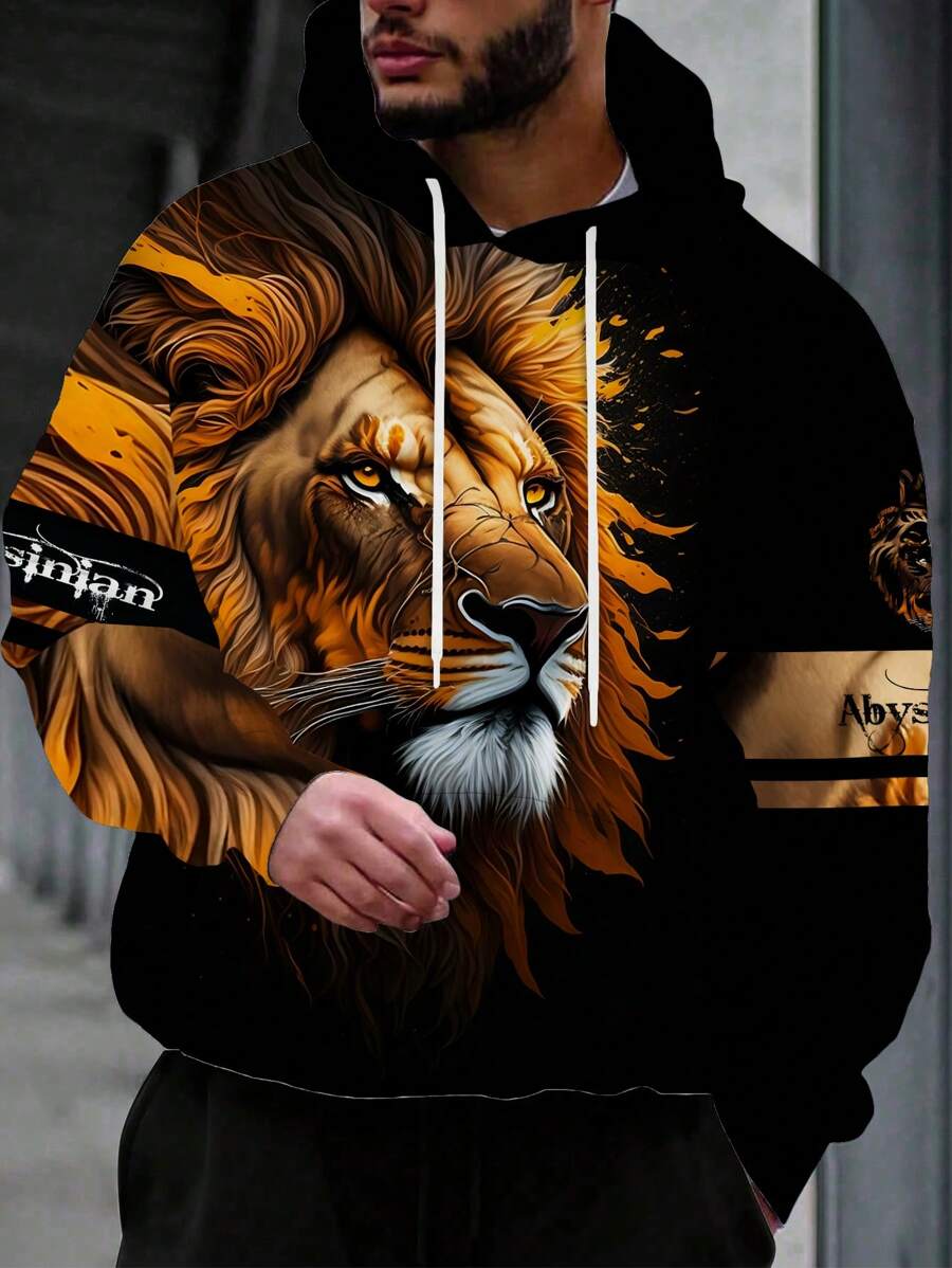 Áo nỉ trùm đầu in hình sư tử 3D dành cho nam, có túi Kangaroo, áo hoodie thời trang rộng rãi thoải mái, trang phục mùa thu cho nam, áo dài tay