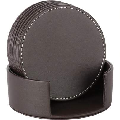 Set Of 6 Round Leather Coffee Coasters, 4 Inch  Round Cup Mat Pad For Home And Kitchen Use