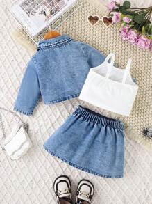 女婴学院风夹克、吊带背心和百褶裙三件套，秋冬 - 藍色 - 查看 3