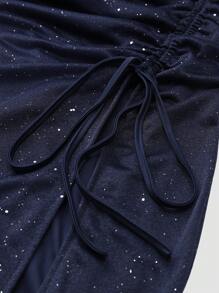 Women's Glittery Drawstring Slit Hem Ruched Spaghetti Strap Dress, Elegant Cocktail Semi Formal Prom Dress, For Birthday, Wedding Guest, Graduation, Dinner, Homecoming Party Dress - Navy Blue - View 7
