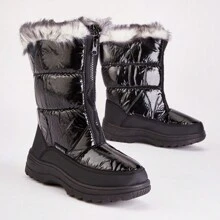 Faux Fur Trim Black Winter Boots - Black - View 1