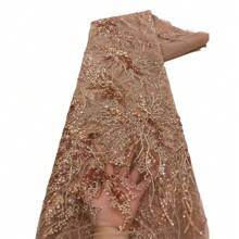 奢华粉色 2024 高品质法国薄纱网亮片蕾丝面料 非洲蕾丝面料 适用于尼日利亚婚礼晚礼服缝纫 - 彩色 - 查看 6