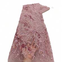奢华粉色 2024 高品质法国薄纱网亮片蕾丝面料 非洲蕾丝面料 适用于尼日利亚婚礼晚礼服缝纫 - 彩色 - 查看 2