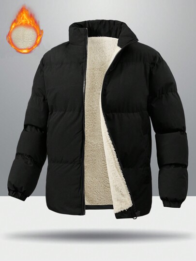 Men's Minimalist Solid Color Thermal Lined Warm Stand Collar Wind & Cold Proof Padded Coat